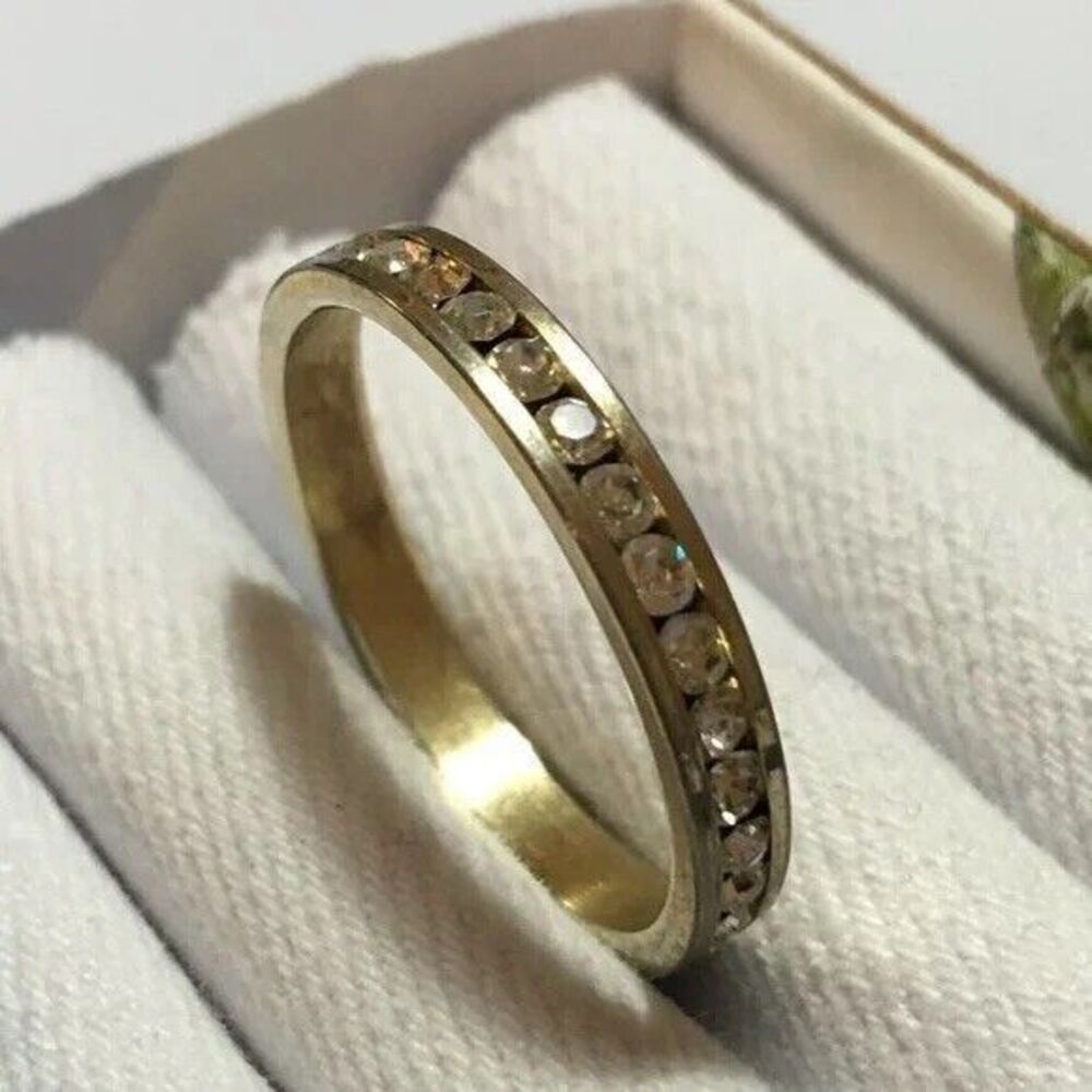 Gold Plated Channel Set Rhinestone Band Eternity Ring Size 8.75 Glass Stones